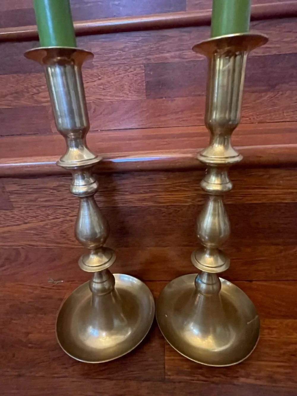 Vintage Solid Brass Candlestick Holders with Drip Pans - Pair Candles Included